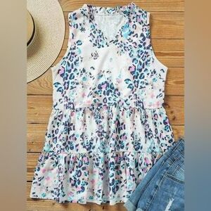 NEW WITH TAGS Small Leopard Babydoll Top White Blue Pink
